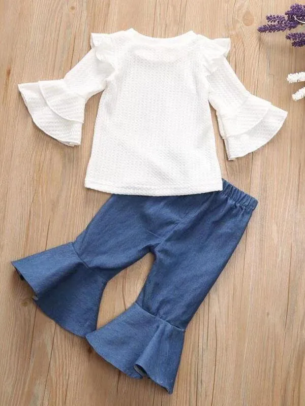 2-Piece Autum Fashion Baby Toddler Girl White Flare & Flutter Sleeve Top   Blue Bell-Bottoms Pants