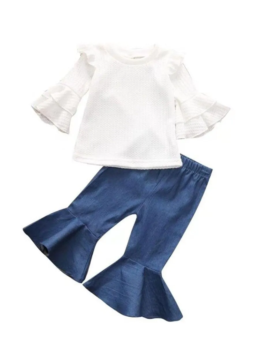 2-Piece Autum Fashion Baby Toddler Girl White Flare & Flutter Sleeve Top   Blue Bell-Bottoms Pants