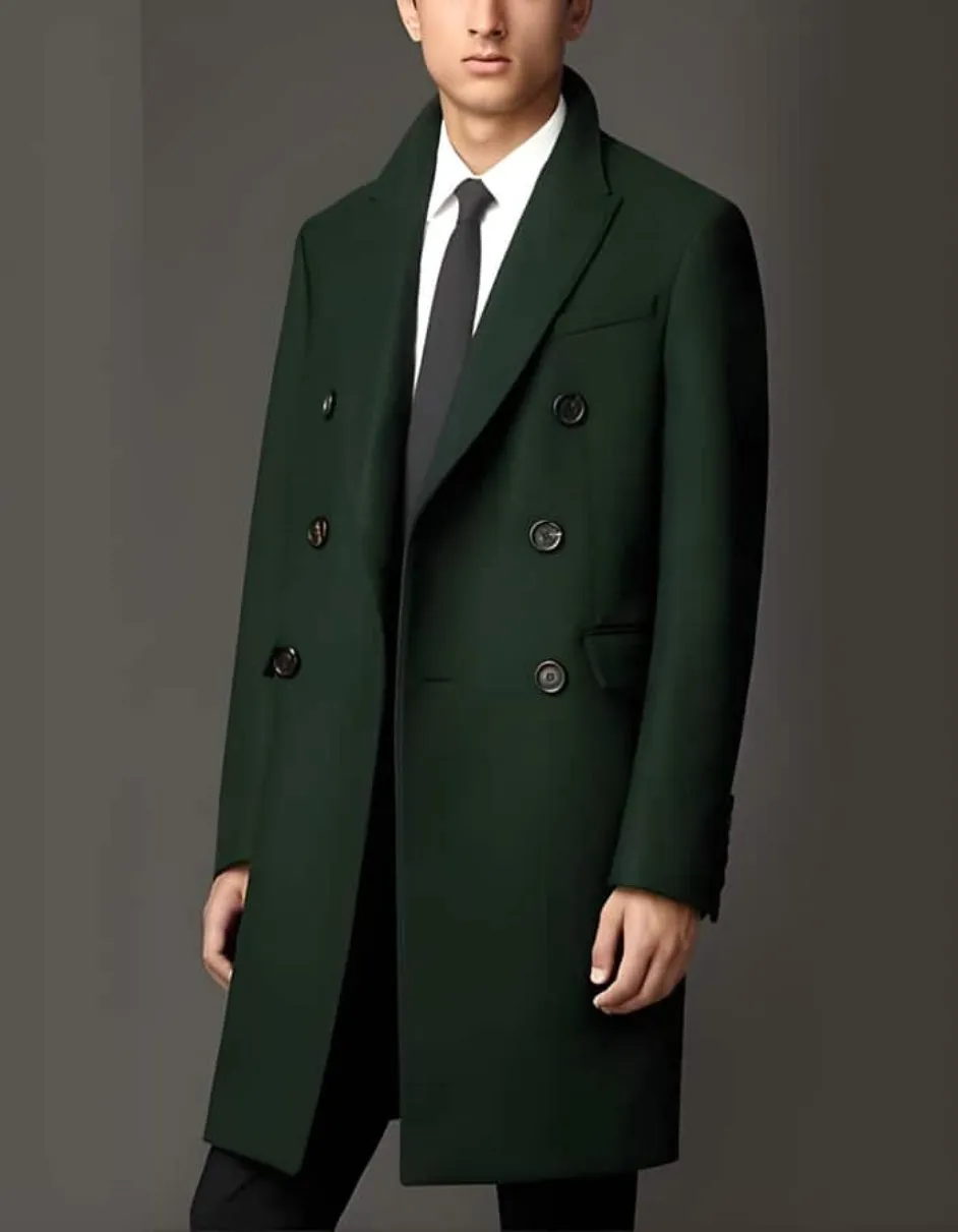 3 Button Dark Olive Green Long Overcoat Custom Prom Tuxedos