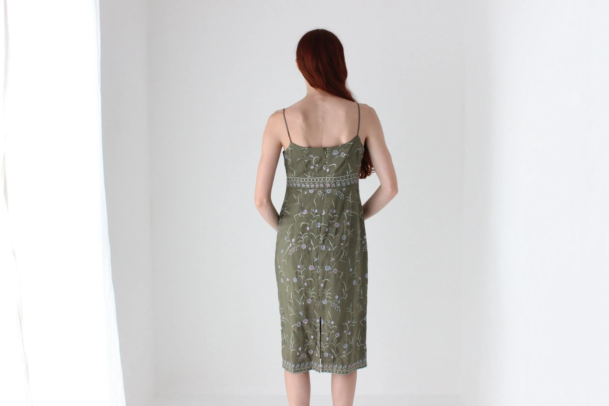 90s Esprit Pure Silk Spaghetti Strap Fairy Slip Dress w/ Embroidered Flower Vines