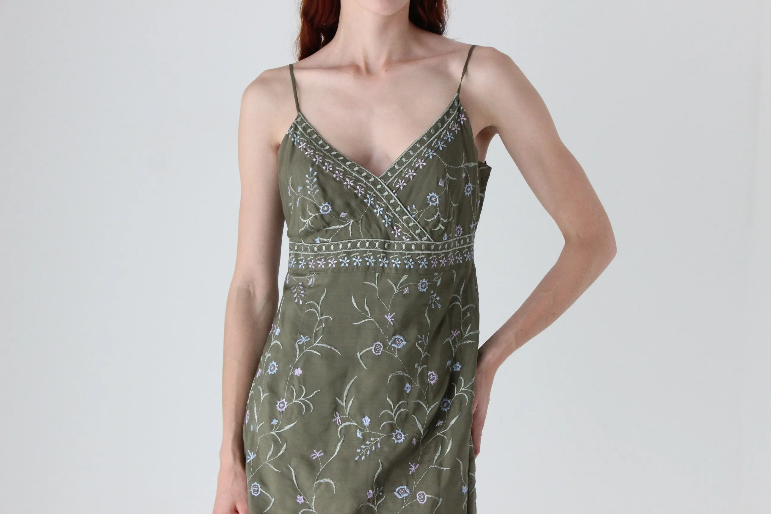 90s Esprit Pure Silk Spaghetti Strap Fairy Slip Dress w/ Embroidered Flower Vines