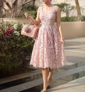 A-Line Pink Lace Tea Length Sleeveless Homecoming Dress     fg3563