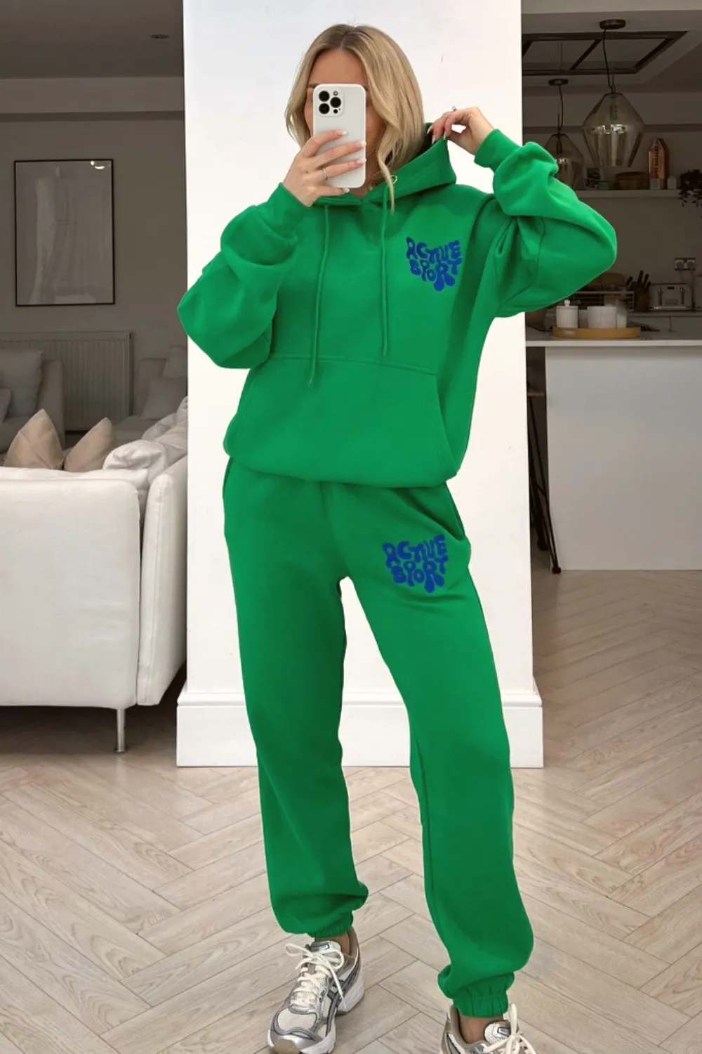 active sport bottle green embroidered hooded loungewear set