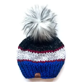 Adult Stripe Knit Pom Hat | Gray   Red   Blue