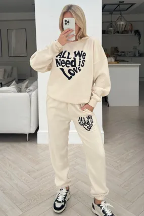 All we need is love ecru embroidered jogger sweater loungewear set