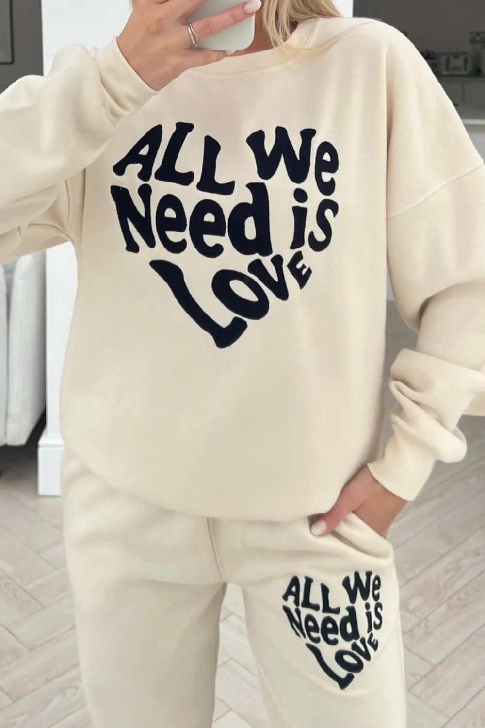 All we need is love ecru embroidered jogger sweater loungewear set