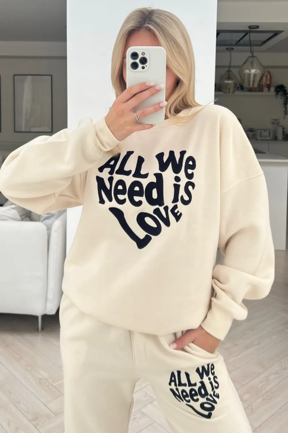 All we need is love ecru embroidered jogger sweater loungewear set