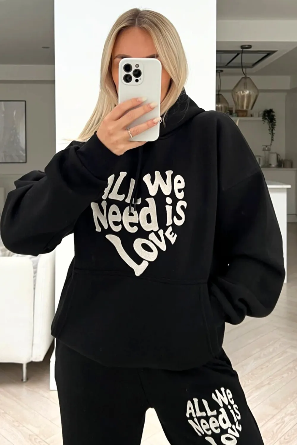 All you need is love Black embroidered hooded loungewear set