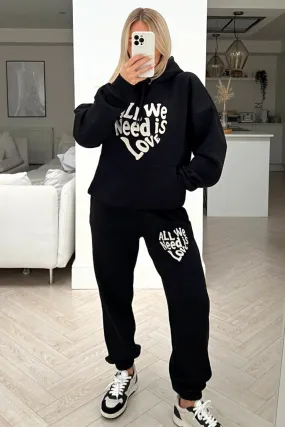 All you need is love Black embroidered hooded loungewear set