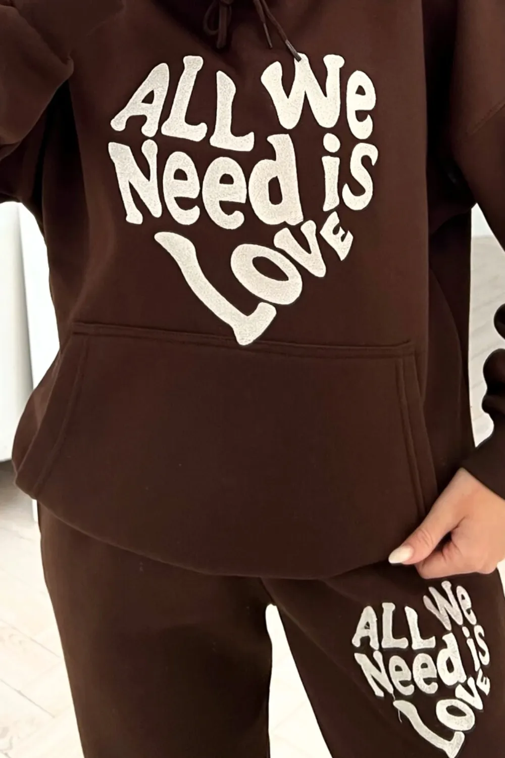 All you need is love Chocolate embroidered hooded loungewear set