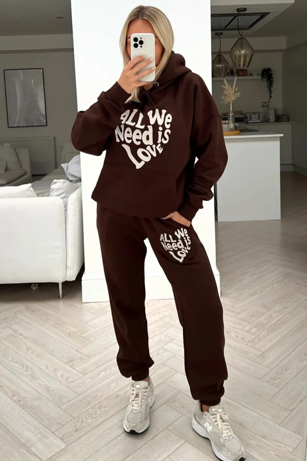 All you need is love Chocolate embroidered hooded loungewear set