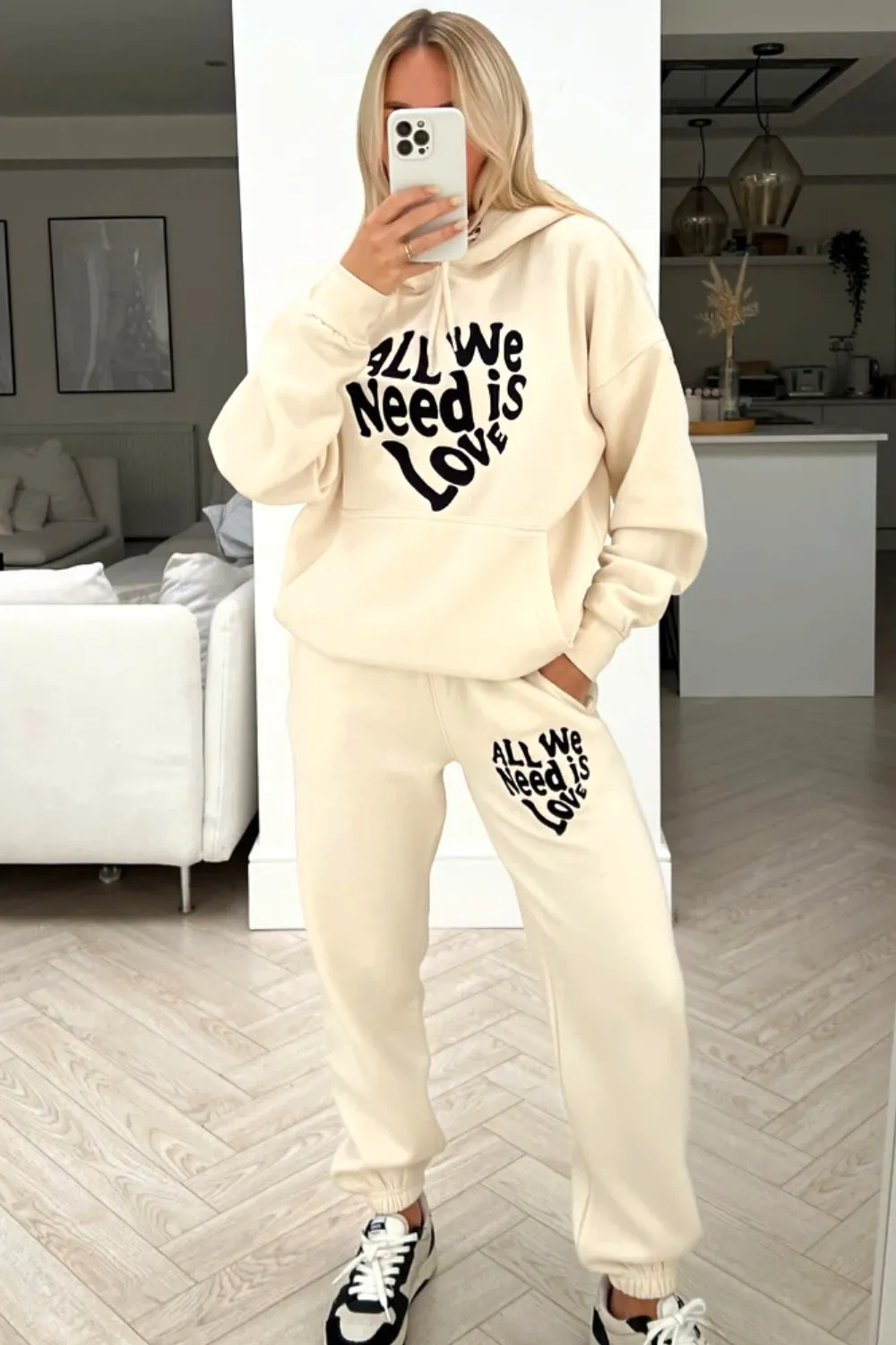 All you need is love ecru embroidered hooded loungewear set