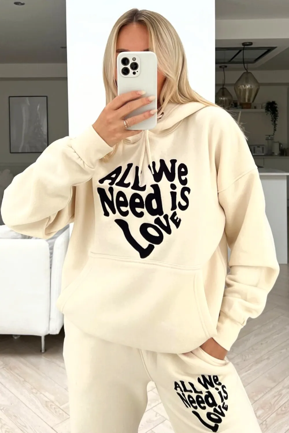 All you need is love ecru embroidered hooded loungewear set