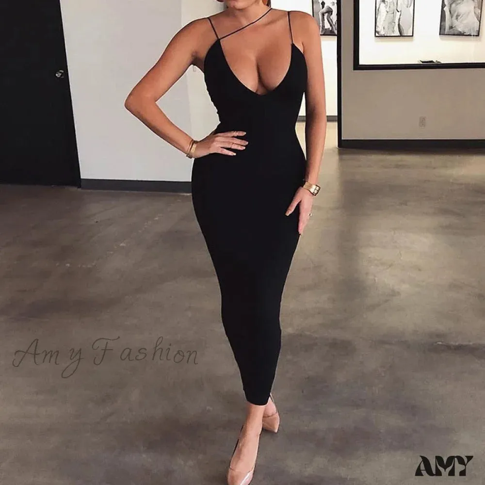 Amy Fashion - Sling V-neck Slim Fit Bodycon Long Dress