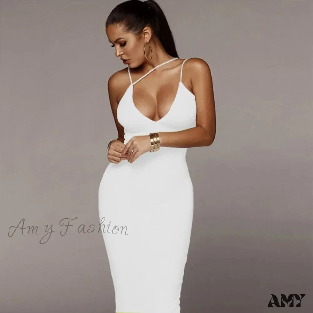 Amy Fashion - Sling V-neck Slim Fit Bodycon Long Dress