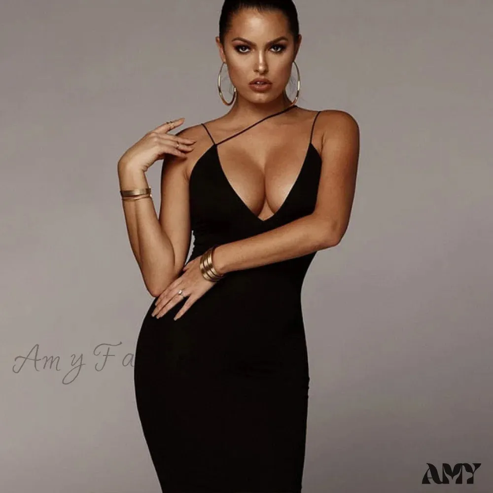 Amy Fashion - Sling V-neck Slim Fit Bodycon Long Dress