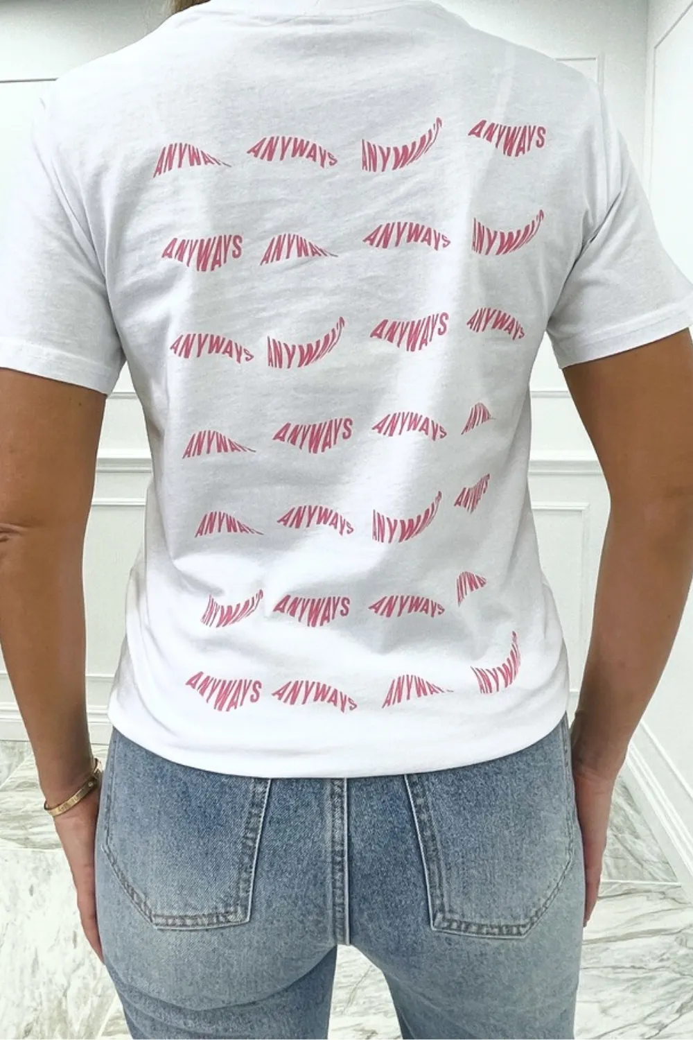 anyways pink & white printed white tee