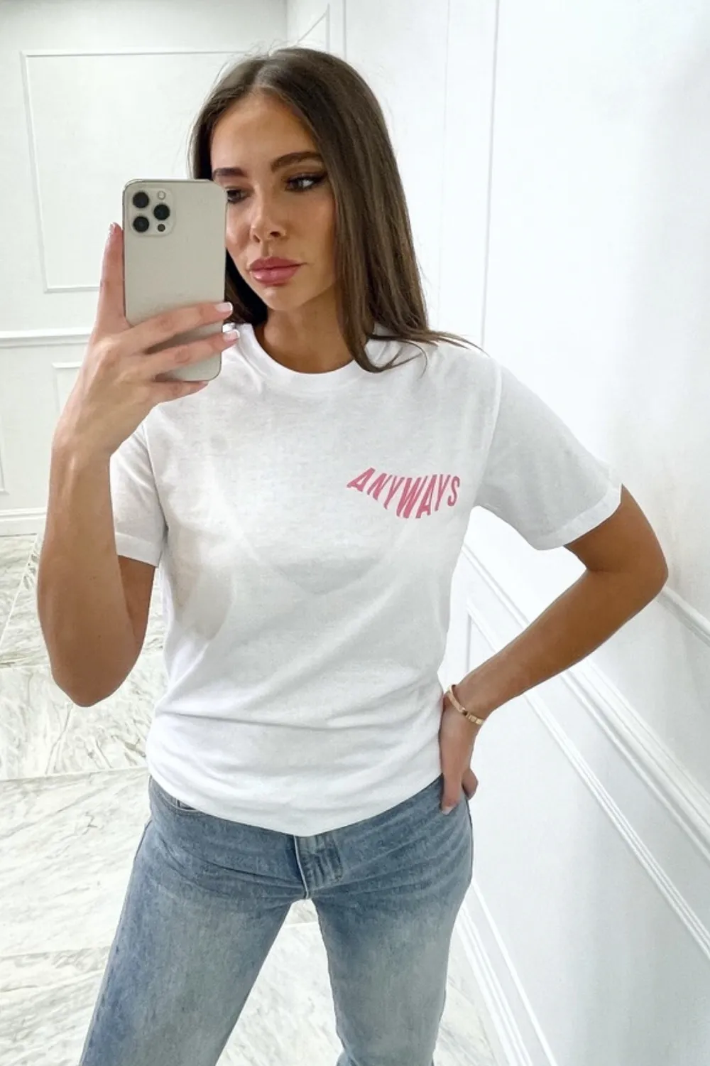 anyways pink & white printed white tee