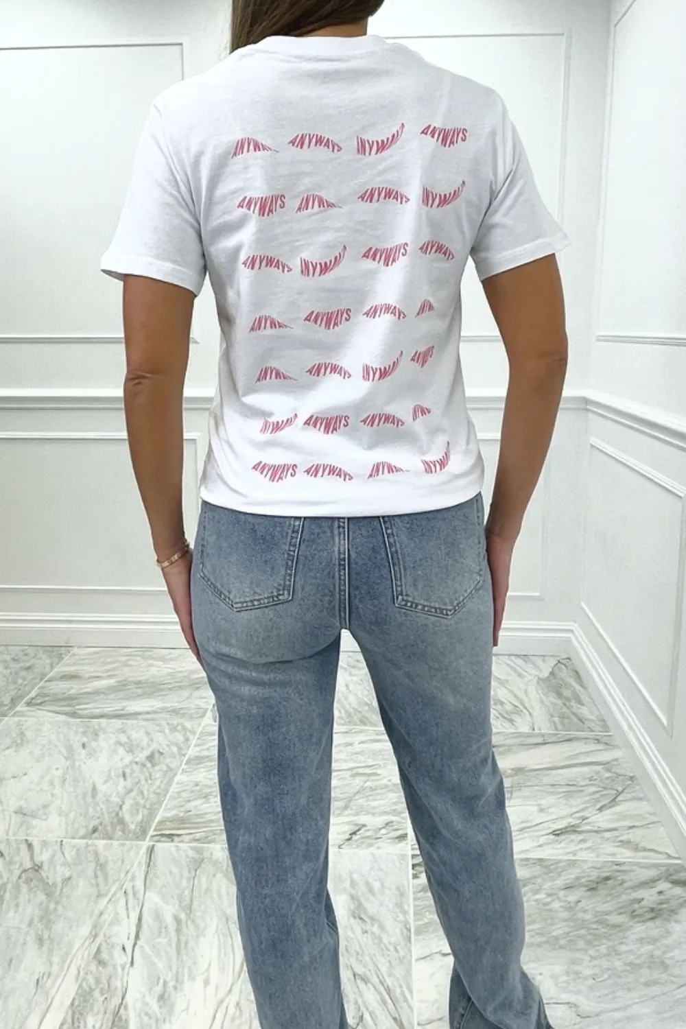 anyways pink & white printed white tee