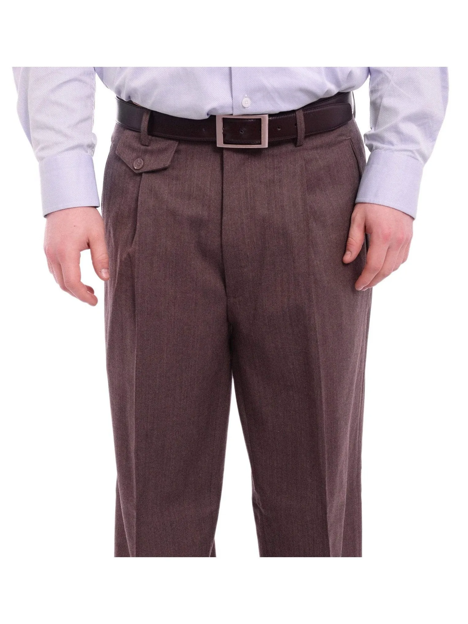 Apollo King Classic Fit Brown Herringbone Pleated Wide Leg Wool Dress Pants