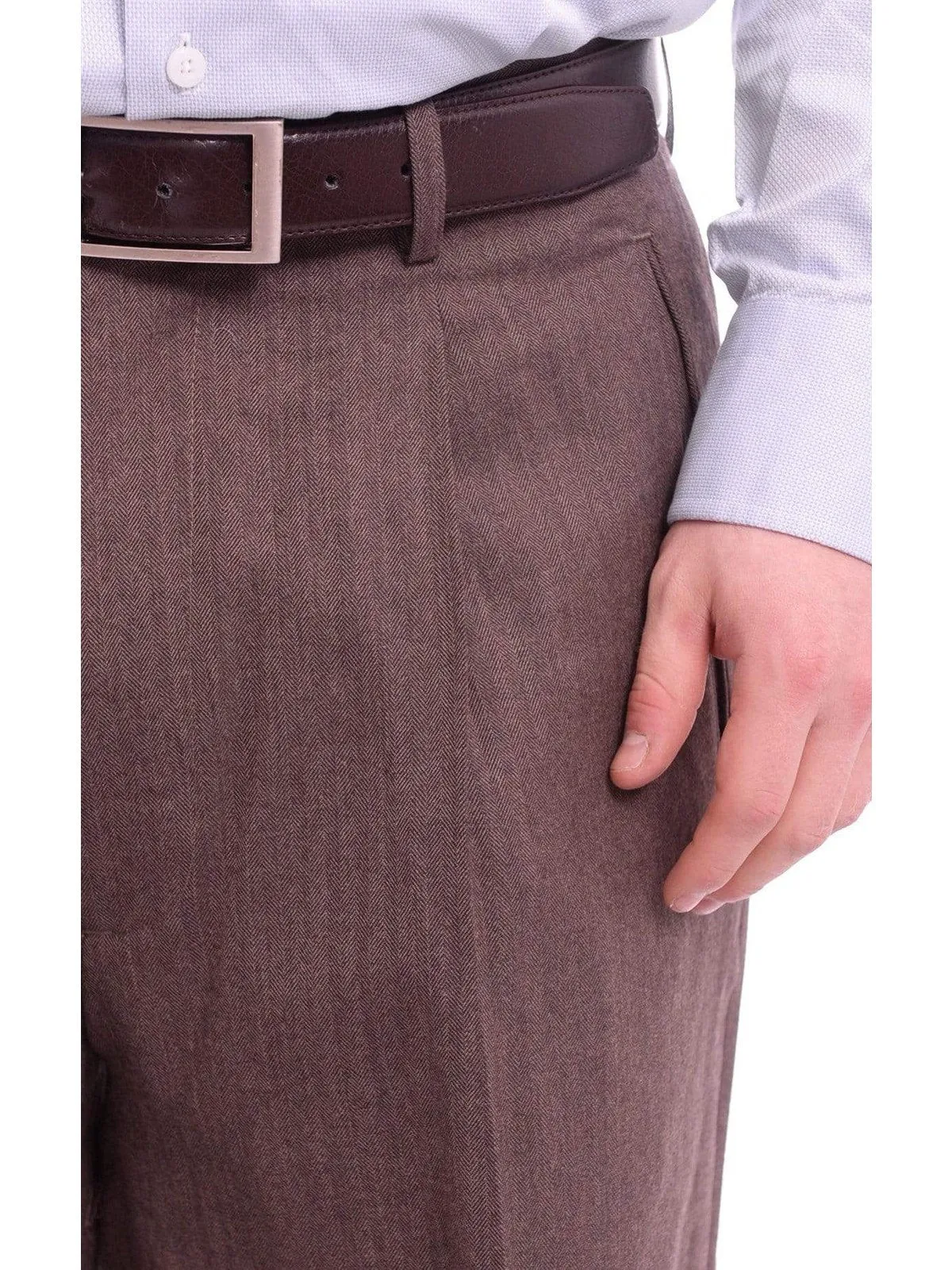 Apollo King Classic Fit Brown Herringbone Pleated Wide Leg Wool Dress Pants