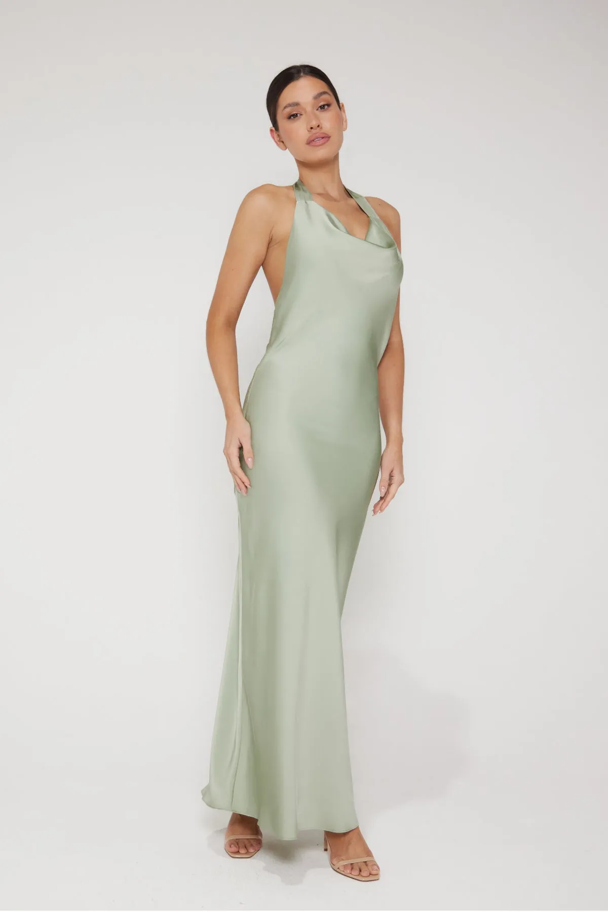 Aurora Cowl Halter Neck Slip Dress - Sage Green