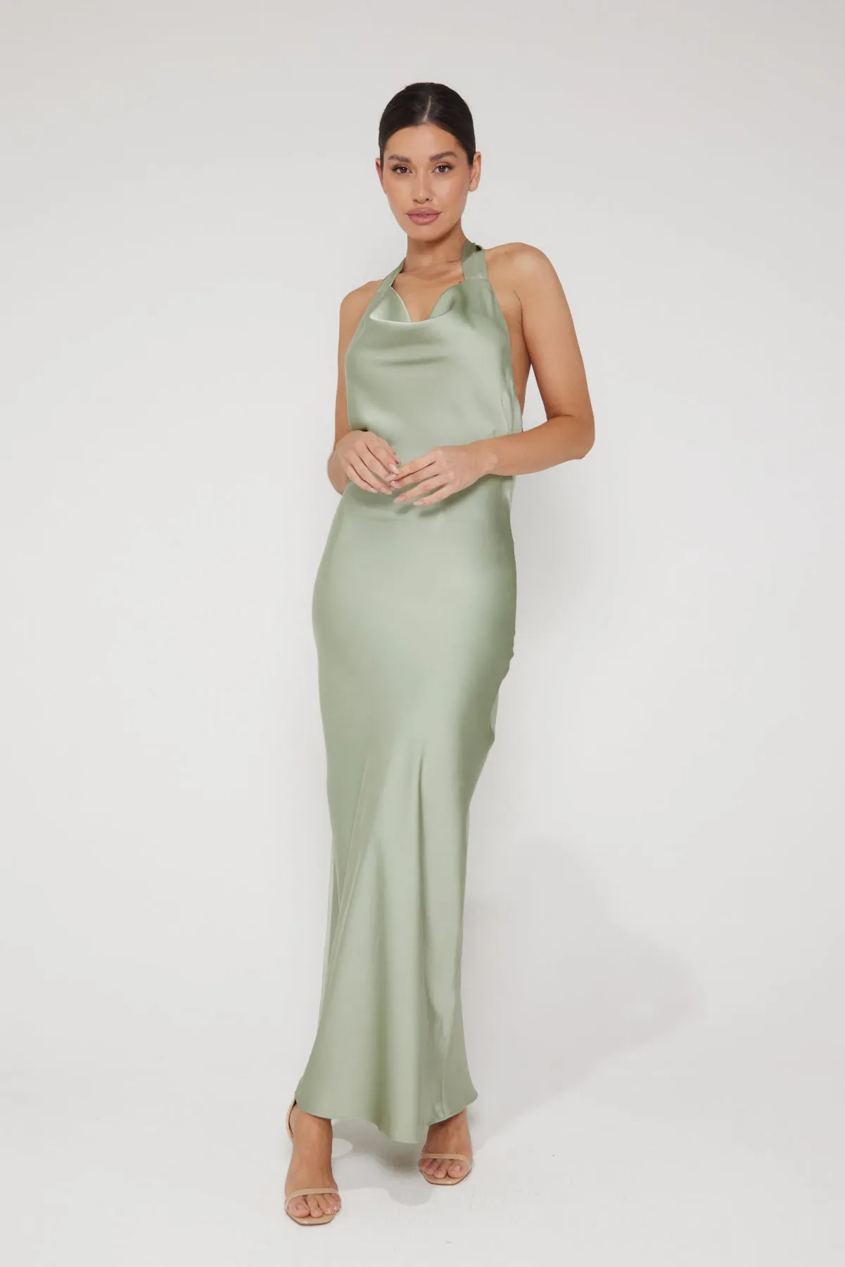 Aurora Cowl Halter Neck Slip Dress - Sage Green