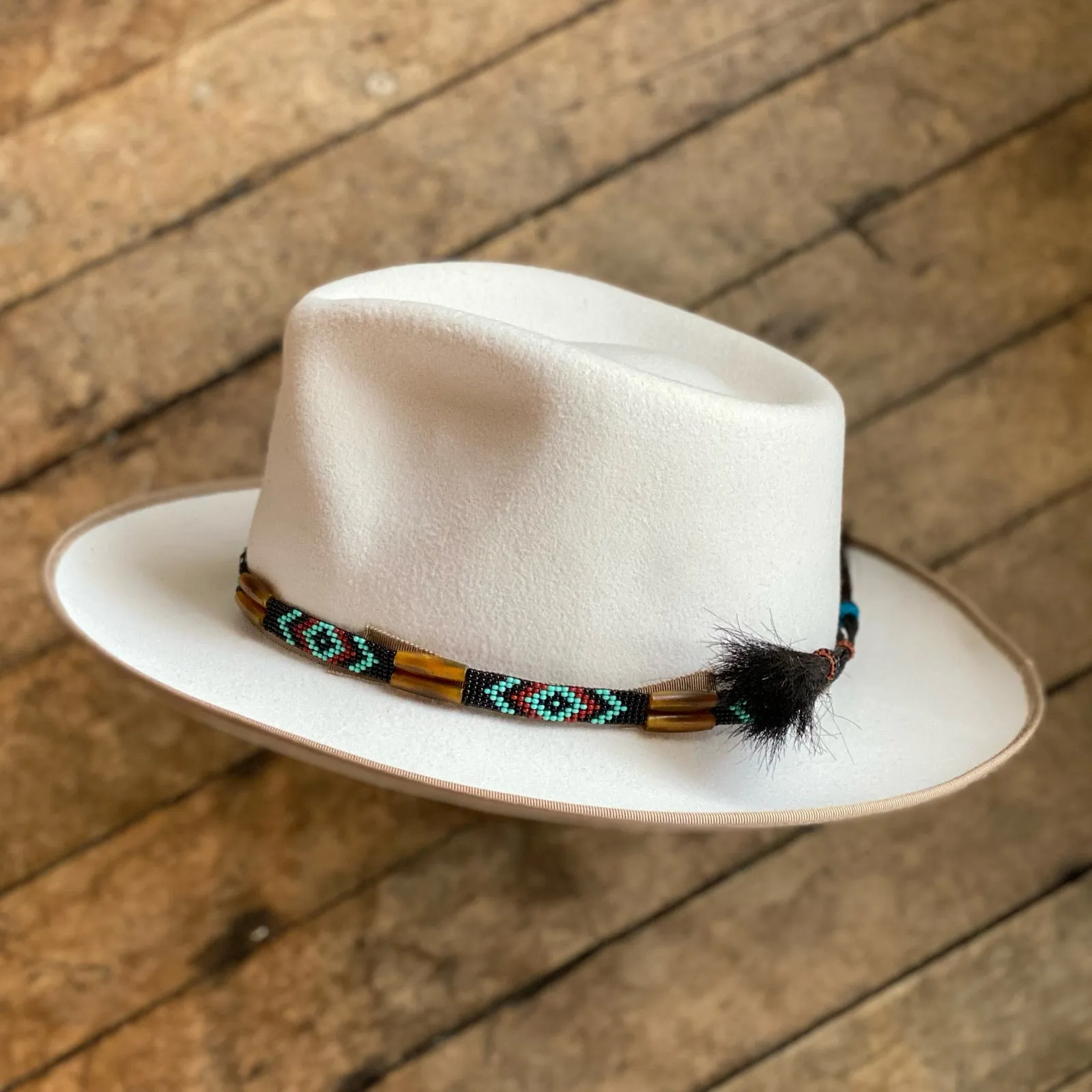 Beaded Bone Hat Band w/ Horsehair Tassels