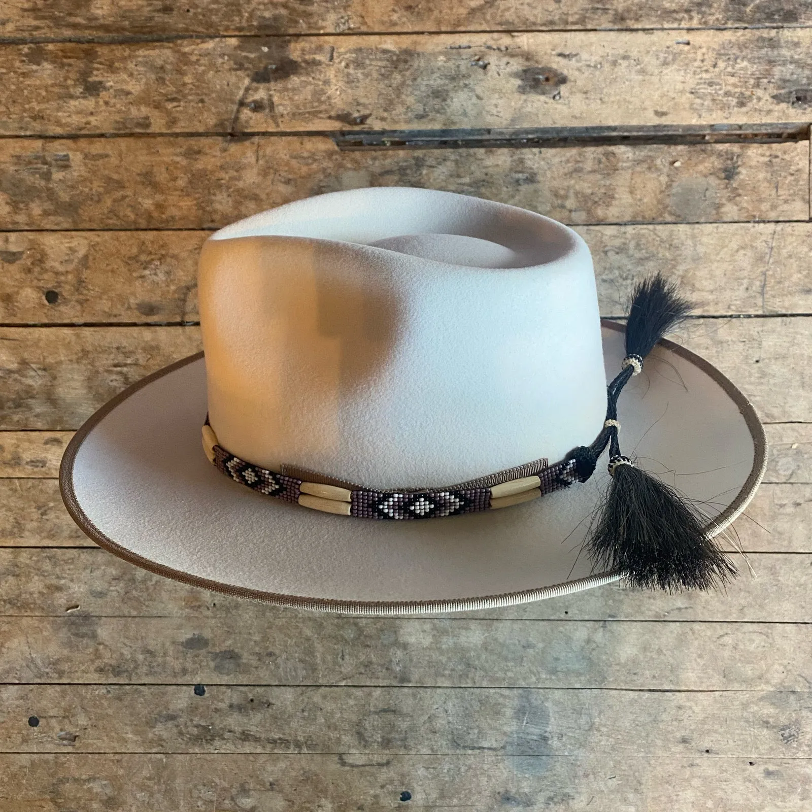 Beaded Bone Hat Band w/ Horsehair Tassels