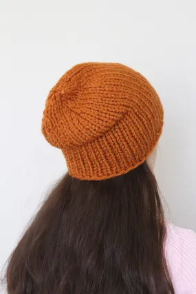 Beanie hat, knit hat, slouchy hat, knit beanie in rust orange color