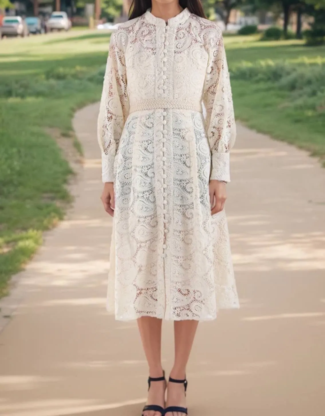 Beige Button Down Lace Midi Dress