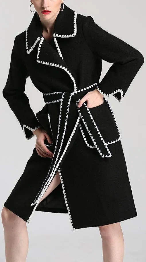 Black & White Jagged-Trim Wool-Blend Wrap Coat