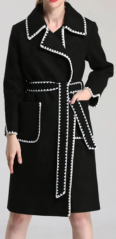 Black & White Jagged-Trim Wool-Blend Wrap Coat