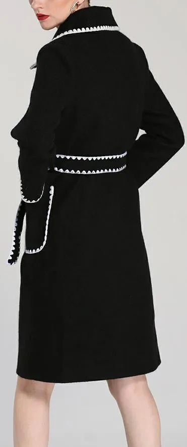 Black & White Jagged-Trim Wool-Blend Wrap Coat