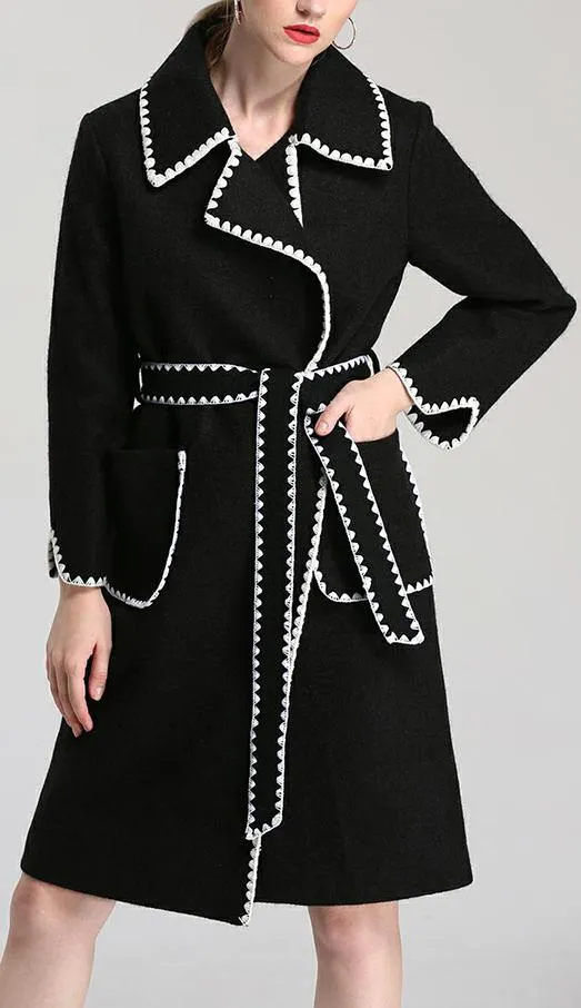 Black & White Jagged-Trim Wool-Blend Wrap Coat