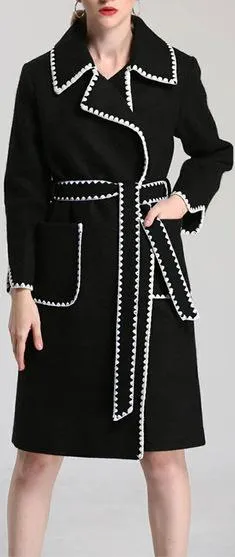 Black & White Jagged-Trim Wool-Blend Wrap Coat