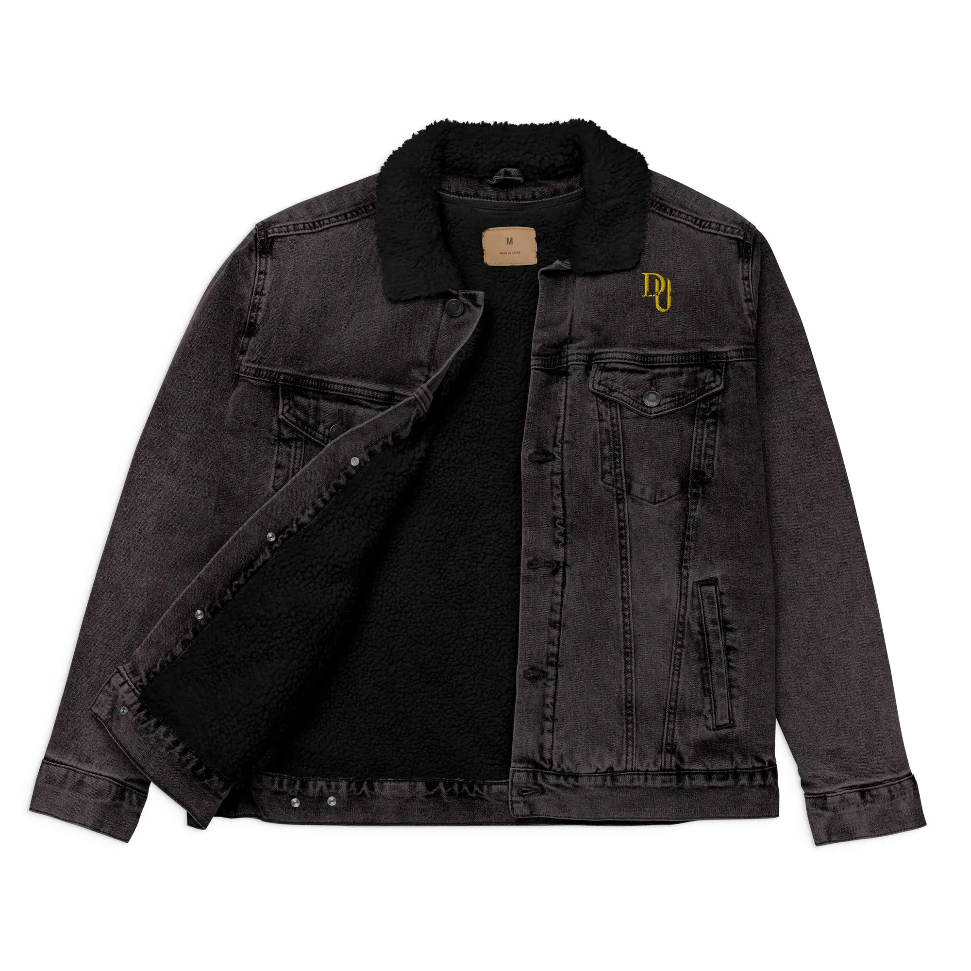 Black denim sherpa jacket- Embroidered "I Beat it" Print