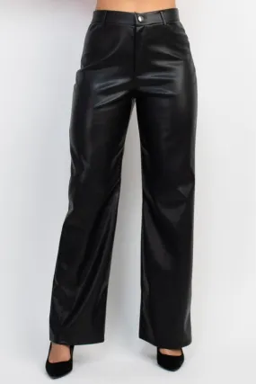 Black faux leather mid rise wide leg dress pants