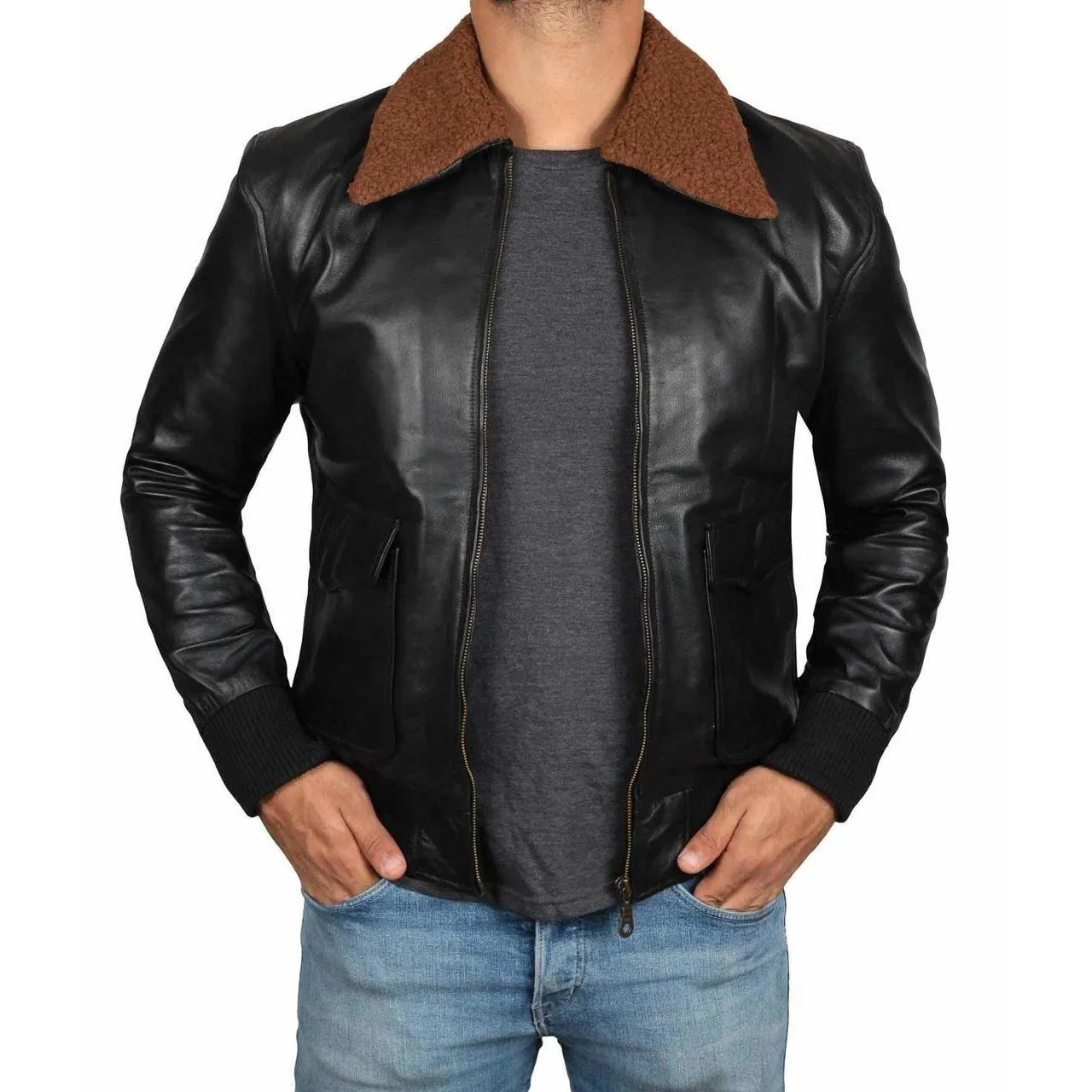 Black fitted Shearling Leather Jacket For Men