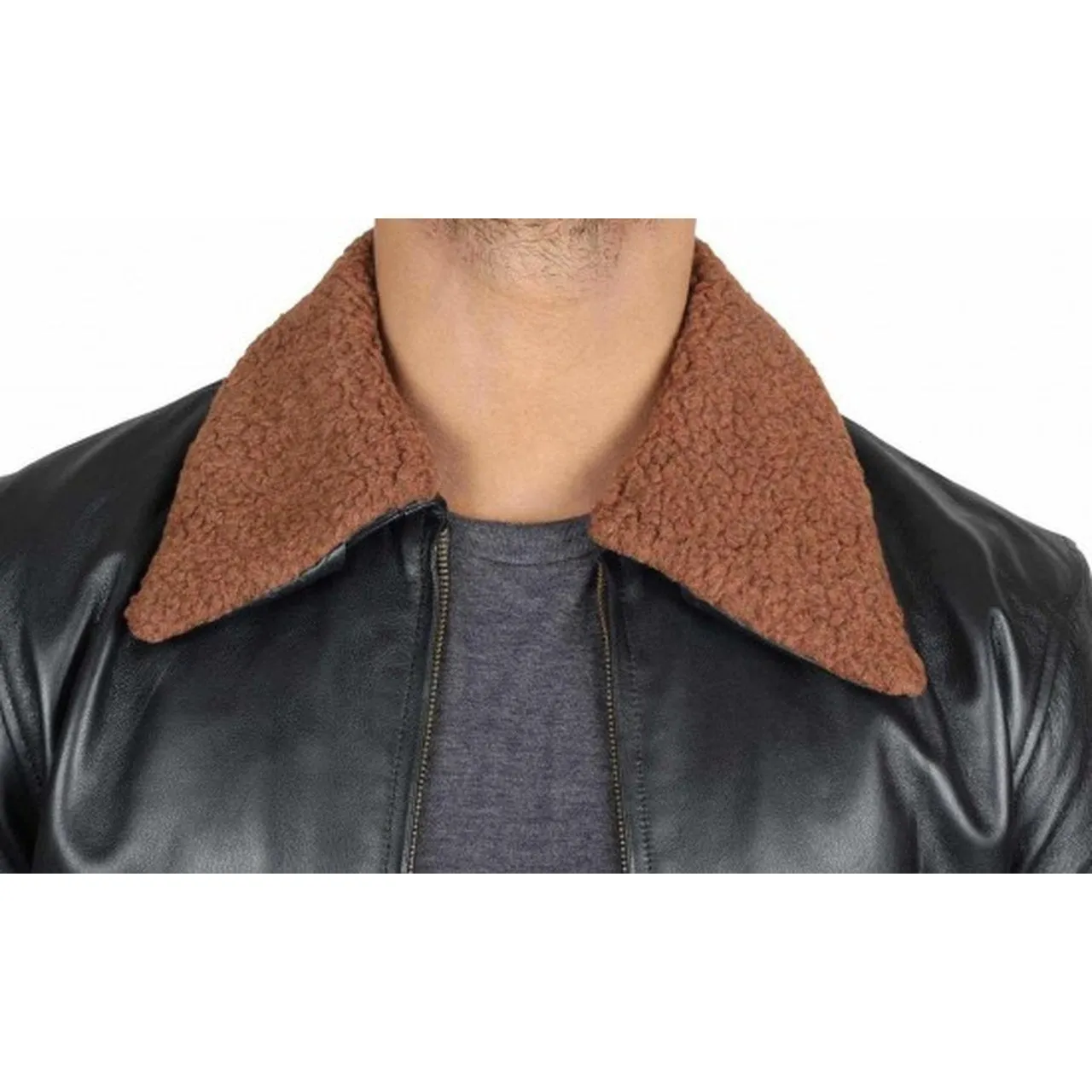 Black fitted Shearling Leather Jacket For Men