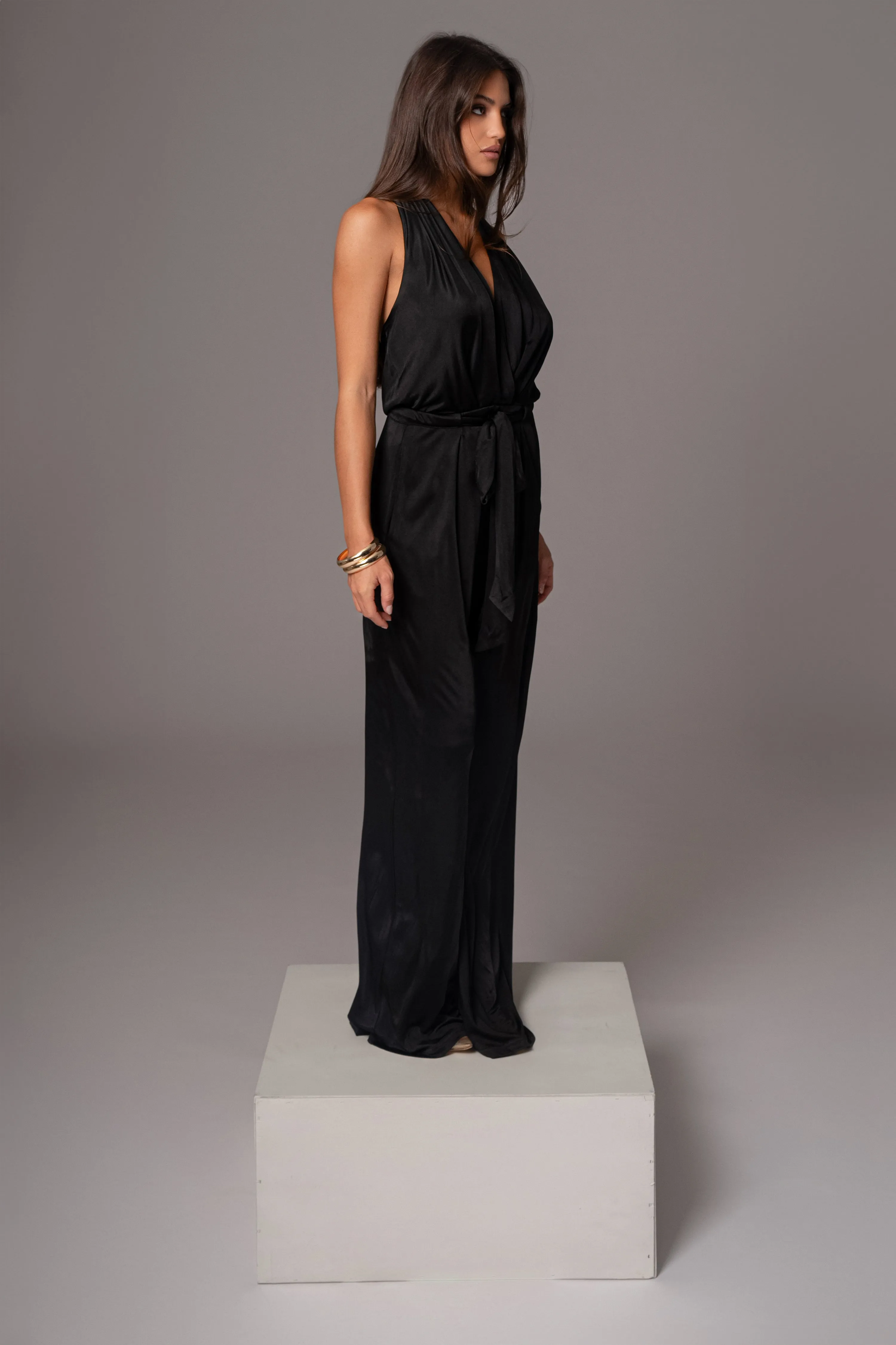 Black Slinky Halter Belted Jumpsuit