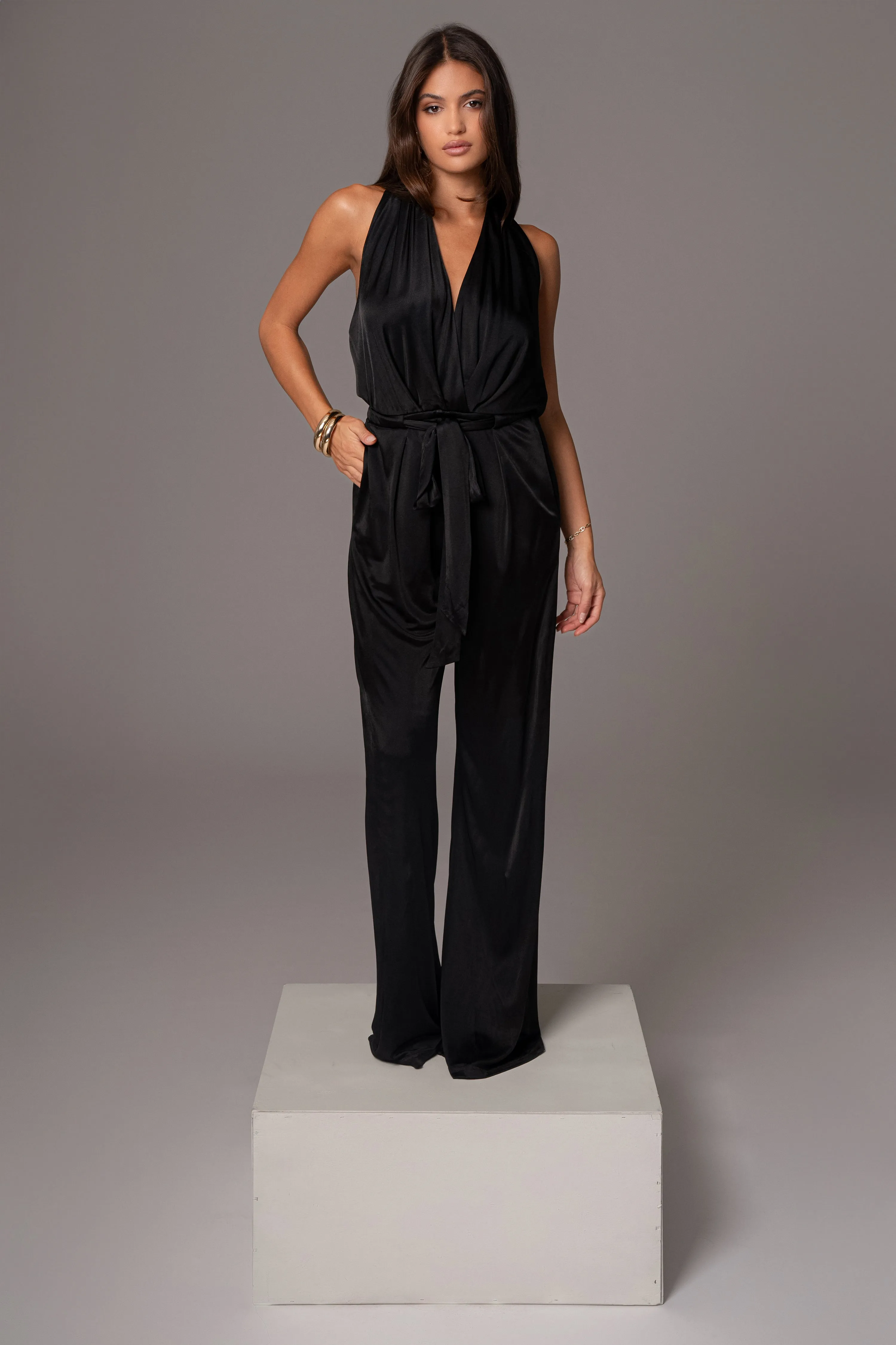 Black Slinky Halter Belted Jumpsuit