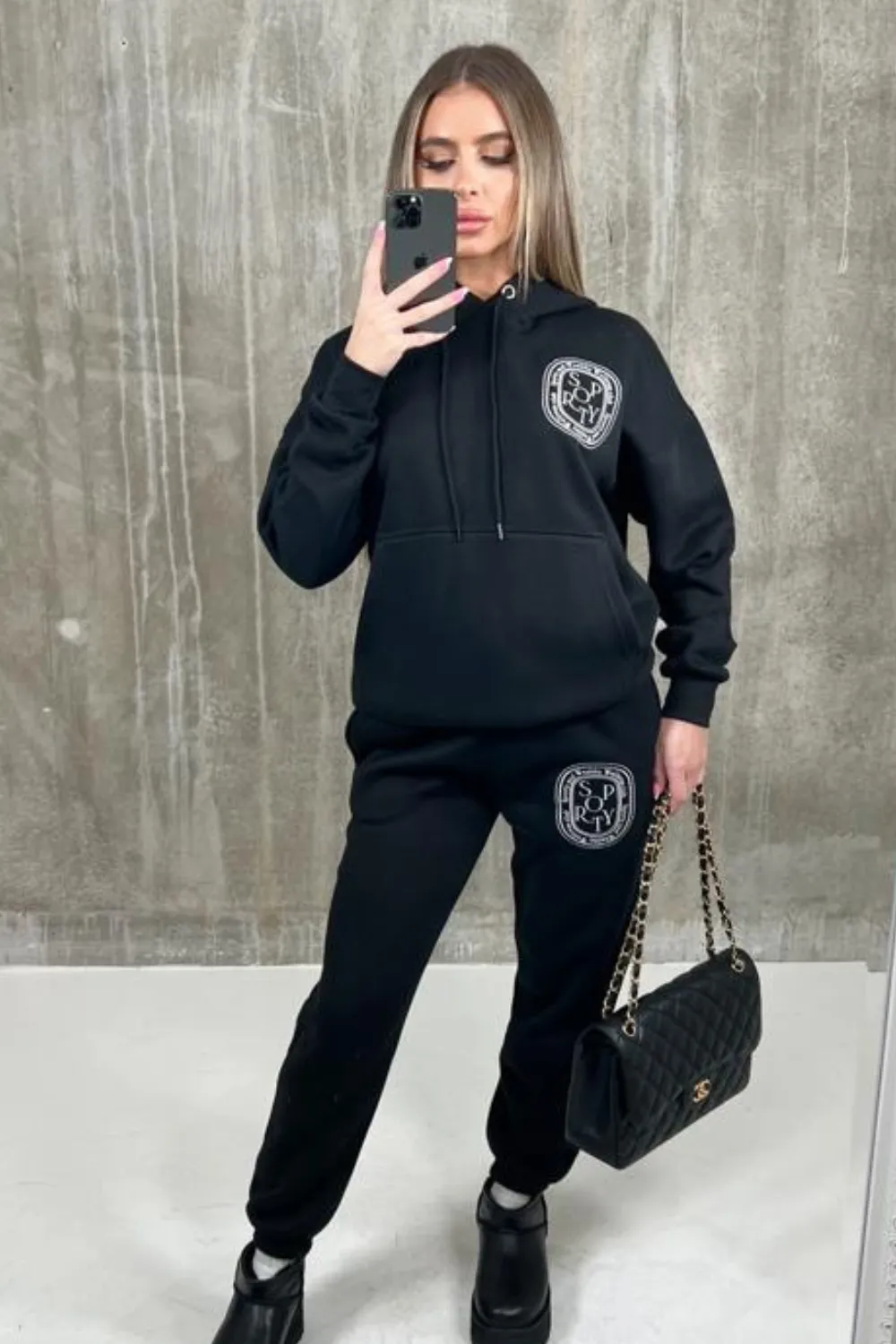 Black Sporty & Wealthy Badge embroidered Hoodie lounge set