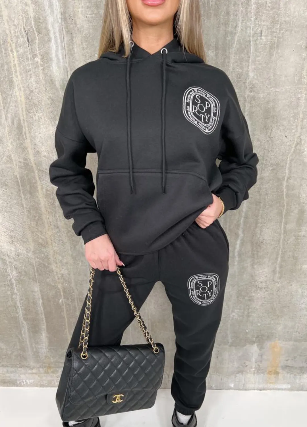 Black Sporty & Wealthy Badge embroidered Hoodie lounge set