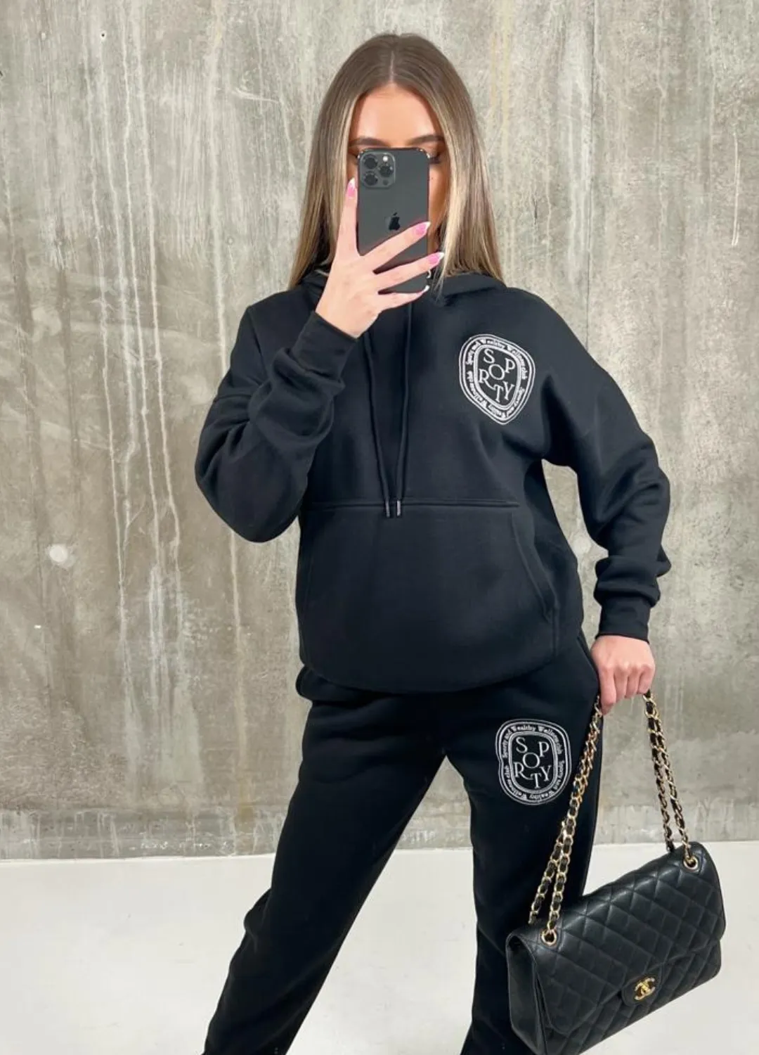 Black Sporty & Wealthy Badge embroidered Hoodie lounge set