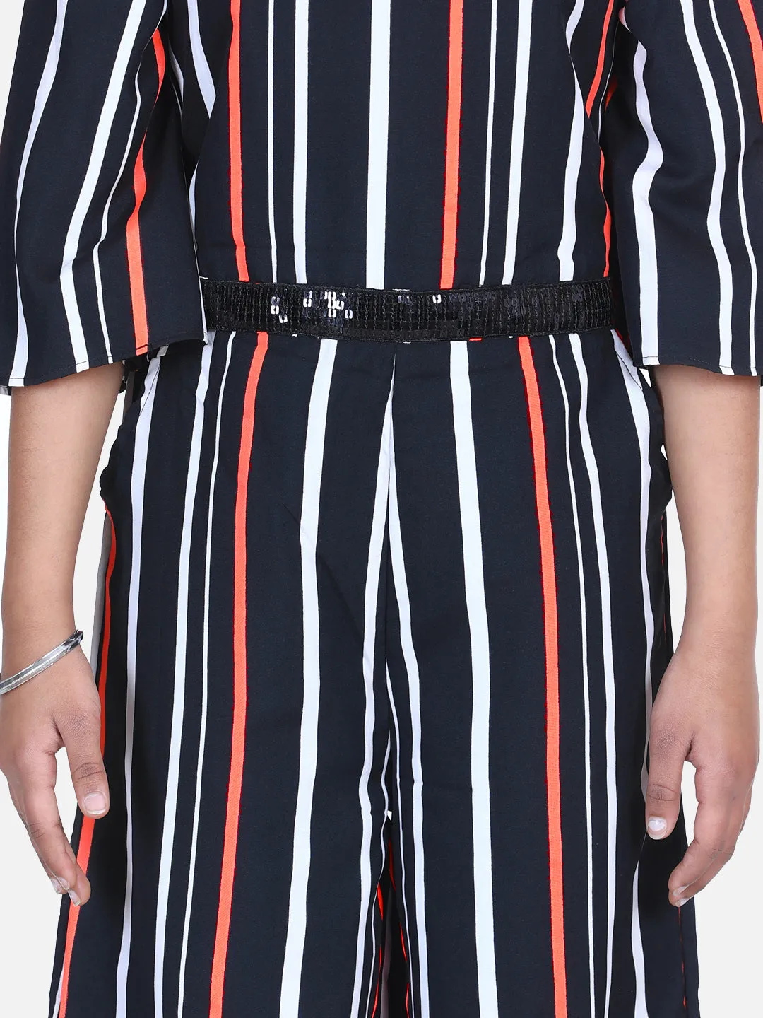 Black Stripe Sequin Flared Jumpsuit