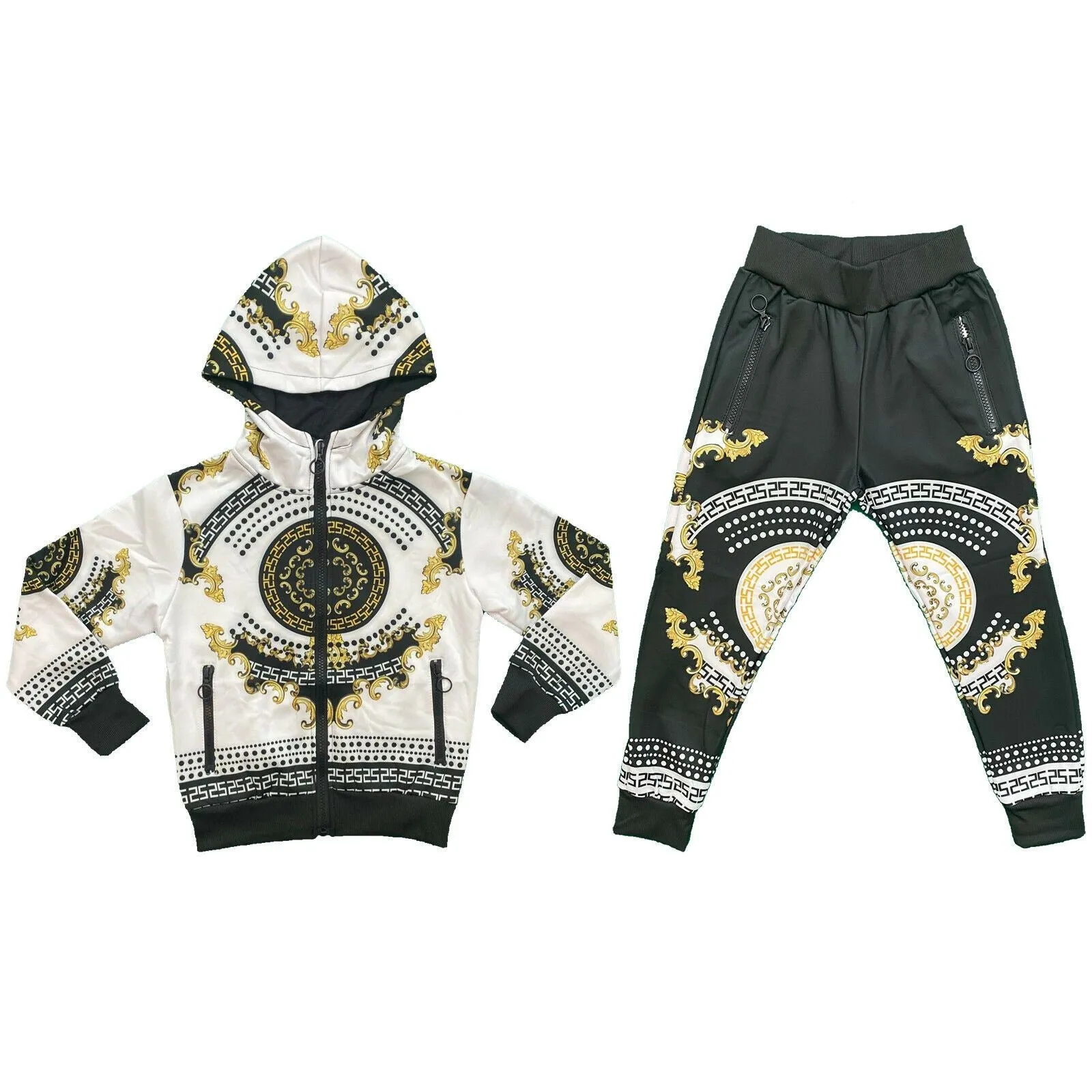 Boys Kids Tracksuit Jacket Joggers Jogging Bottoms Baroque Print Zip Pocket