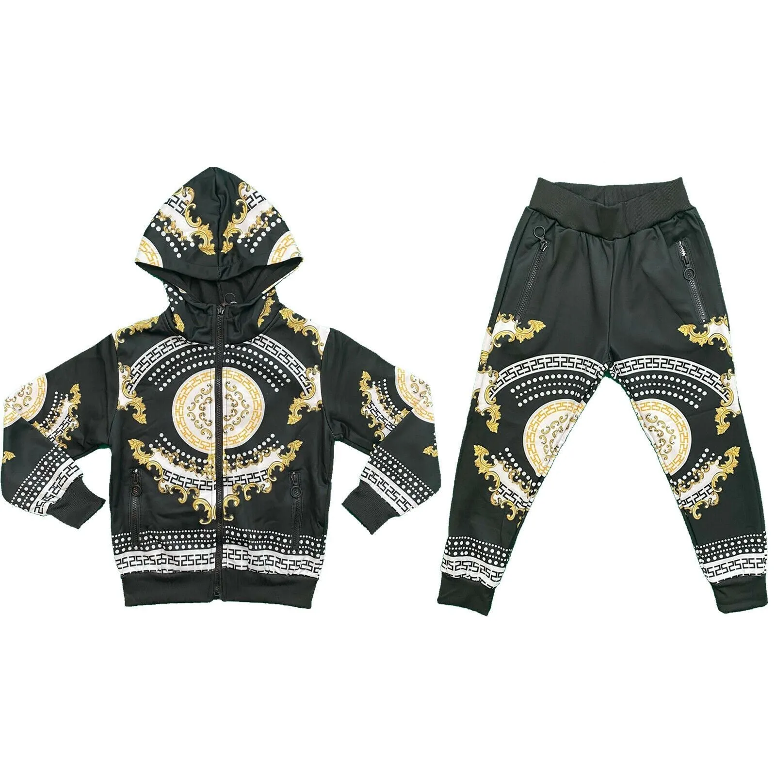 Boys Kids Tracksuit Jacket Joggers Jogging Bottoms Baroque Print Zip Pocket