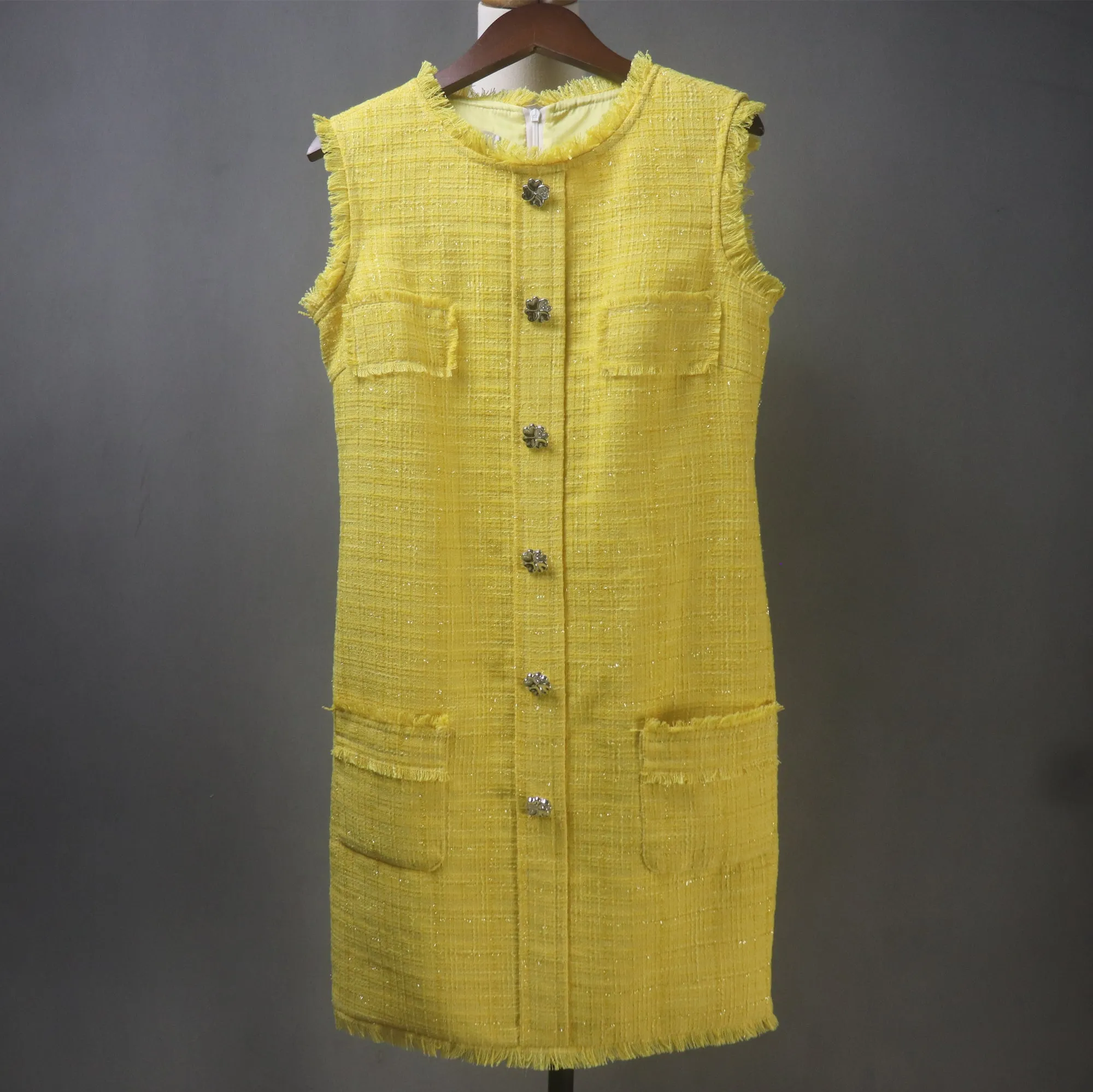 Bright Yellow Tweed Mini/Midi Dress – Custom Made Plus Size / Sleeveless / Short Sleeves