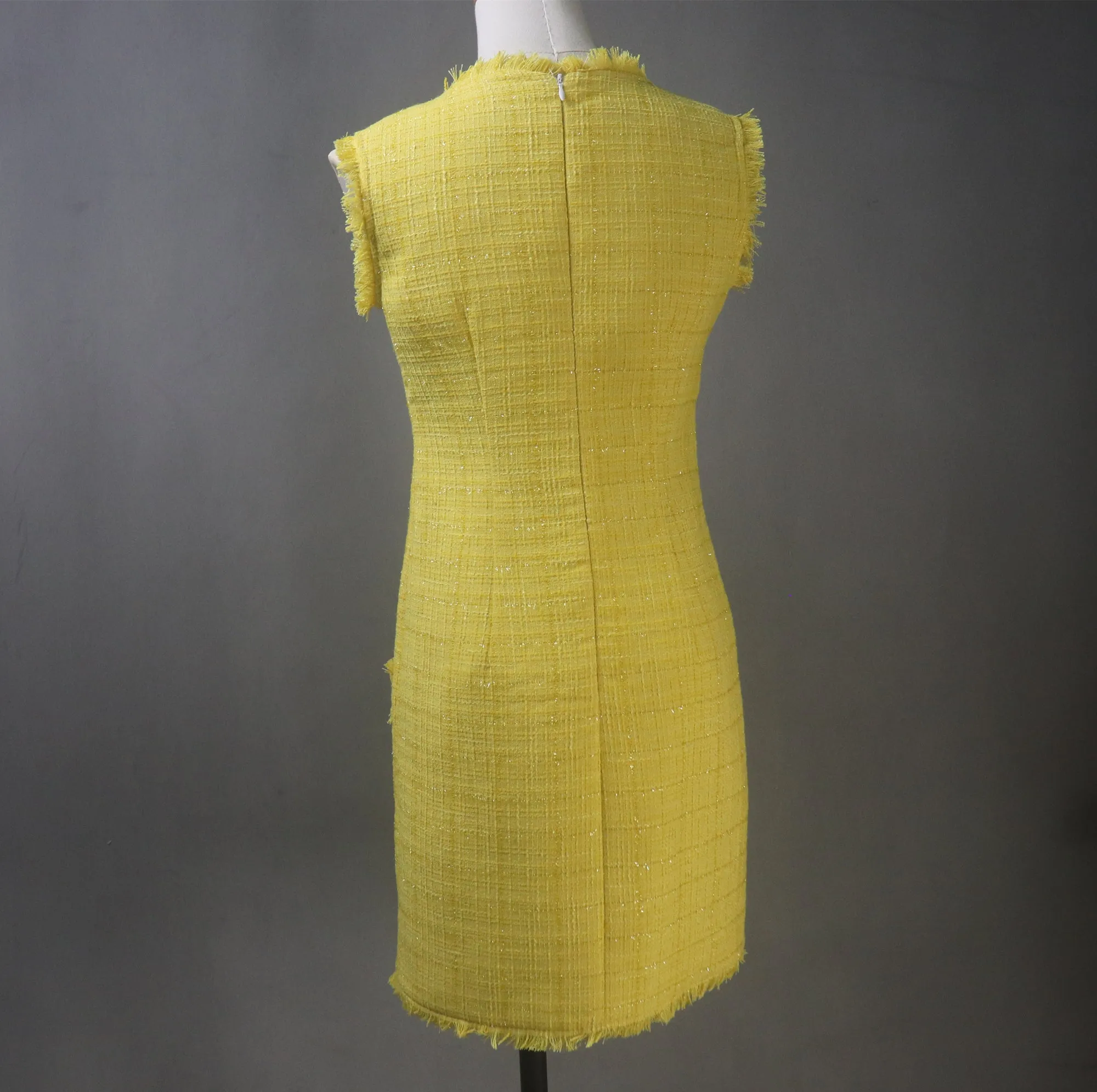 Bright Yellow Tweed Mini/Midi Dress – Custom Made Plus Size / Sleeveless / Short Sleeves